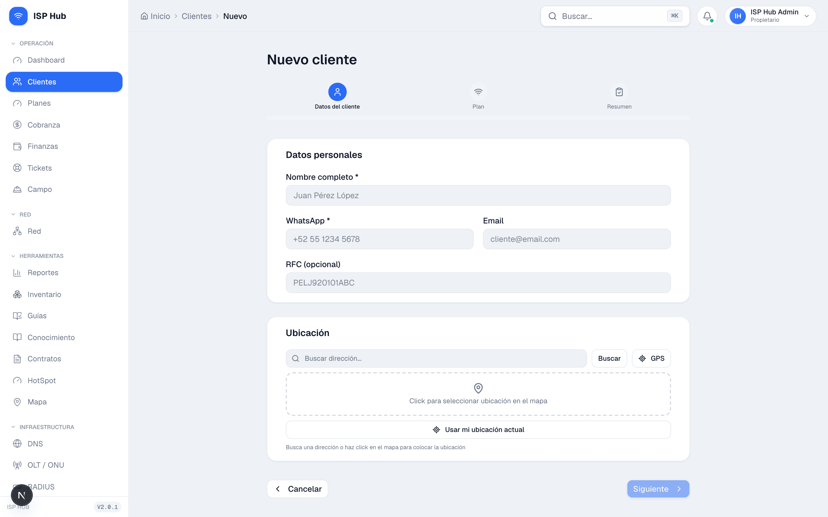 Expediente del cliente en ISP Hub