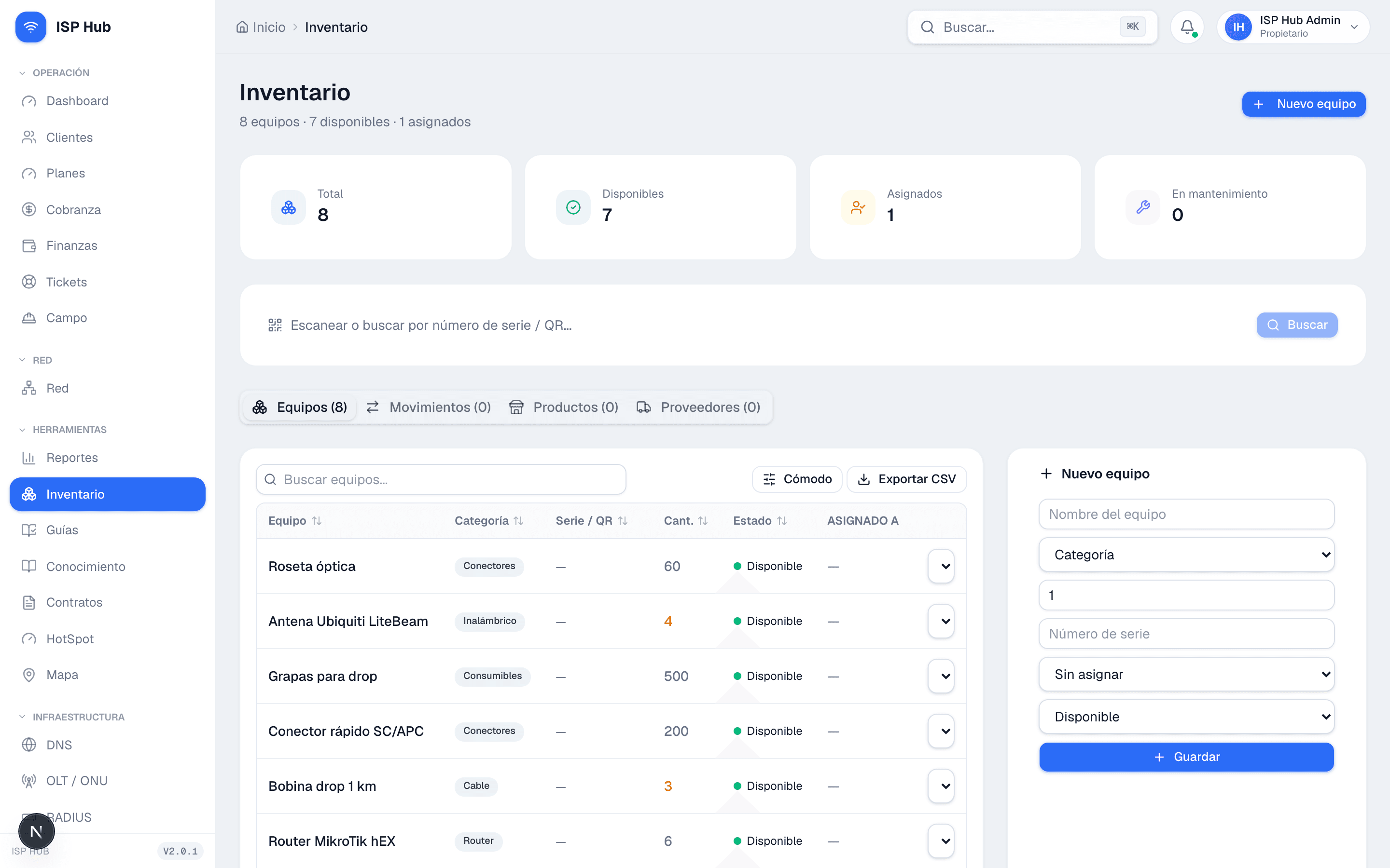 Inventario de equipos en ISP Hub