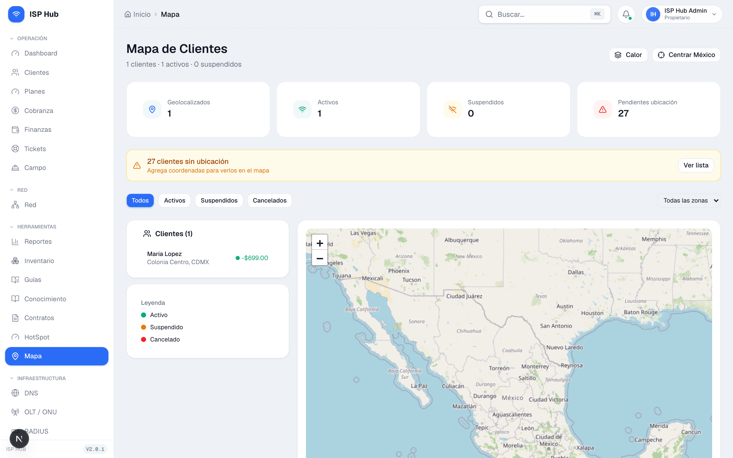 Mapa de clientes y zonas en ISP Hub